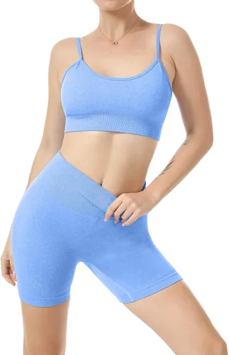 Vista 2 de JNINTH - Conjunto de yoga sin costuras para mujer, 2 piezas, brasier deportivo de entrenamiento, con pantalones cortos de cintura alta