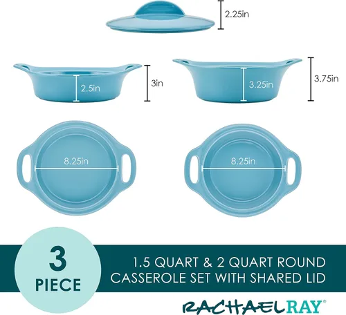 Vista 2 de Rachael Ray Solid Glaze Ceramics - Juego de utensilios para hornear/panadería con tapa compartida, 3 piezas, azul agave