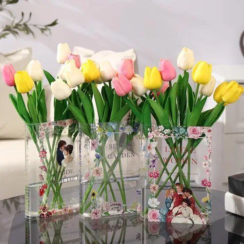 Vista 12 de Florero acrílico con forma de libro para flores, florero de libro, pequeños jarrones transparentes para el hogar, sala de estar, estantería