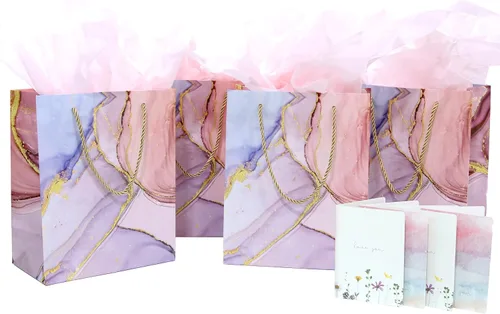 Vista 2 de Rosh Pinnah, Lujosas bolsas de regalo de mármol rosa y purpurina (4 paquetes) – Tamaño mediano 7.75 x 4.3 x 9.6 pulgadas – Con 4 papeles de seda y 4