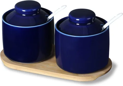 Vista 9 de ONTUBE Azucarero de cerámica con tapa y cuchara, juego de 2, caja de condimentos de porcelana con bandeja, 8 onzas (negro)