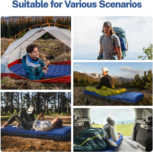 Vista 18 de OGERY Colchoneta de dormir para campamento, almohadilla de dormir reforzada extra gruesa de 6 pulgadas con almohadas y bomba de pie integrada Azul