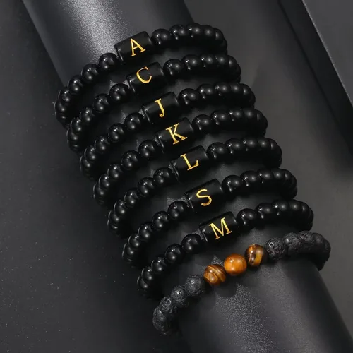 Vista 7 de STORUP Pulsera de regalo para hombres Pulsera de cuentas de piedra de lava de ojo de tigre de 0.315 in para hombre, enlace inicial, hecha a mano