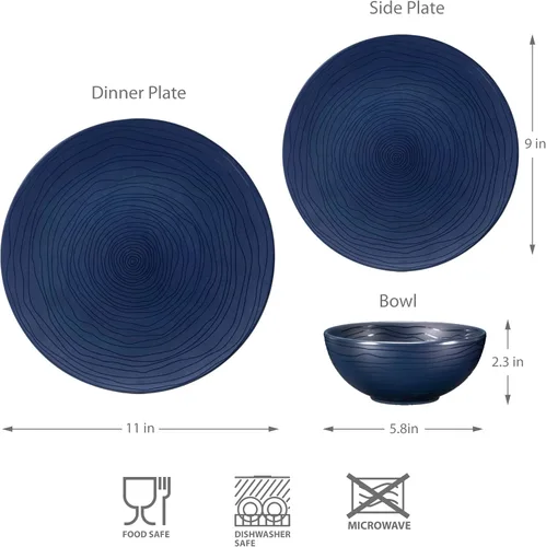 Vista 7 de Bzyoo Juego de vajilla de melamina de 12 piezas, duradero, apto para lavavajillas, juego de platos y cuencos orgánicos azul marino, juego de platos