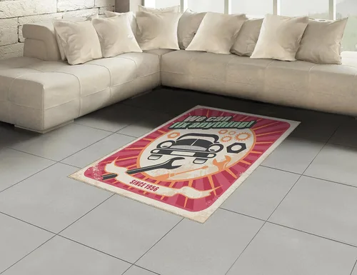 Vista 2 de Años 50 área alfombra por lunarable, Auto servicio taller mecánico de transporte mecánico cartel Retro Diseño Artístico, tela plano alfombra