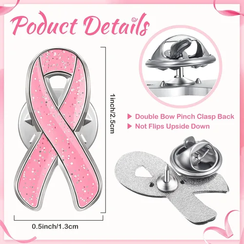 Vista 3 de Broche de solapa para concientización sobre el cáncer de mama, cinta rosa con purpurina, para mujeres y niñas, para recaudación de fondos públicos