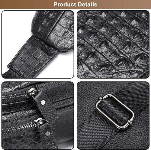 Vista 3 de Bolso bandolera de cuero con patrón de cocodrilo vintage para hombres, mochila de cuero genuino casual Daypack Crossbody bolsas de hombro