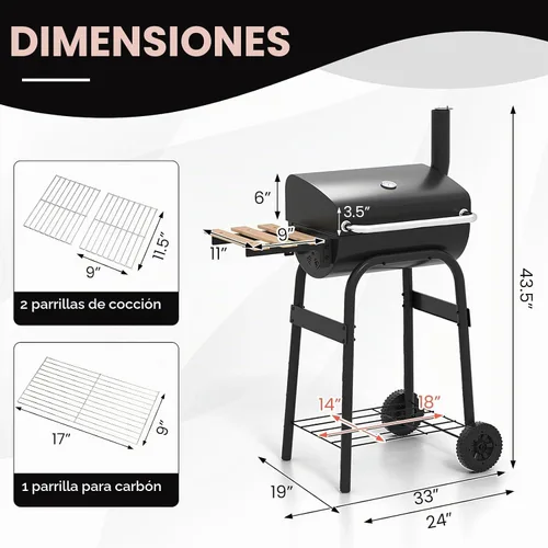 Vista 8 de Happygrill Barrel Charcoal Grill con mesa auxiliar plegable y 2 ruedas