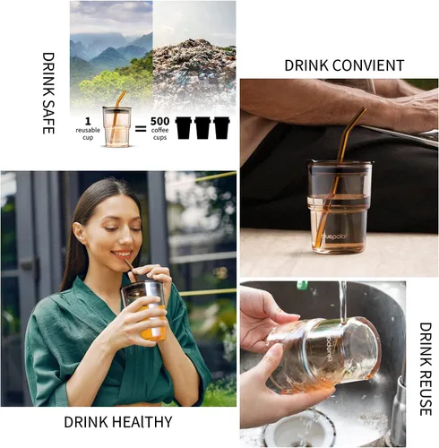 Vista 5 de BLUEPOLAR Vaso de Agua de Vidrio de 13oz/400ml con Pajita y Tapa Sellada para Llevar Pared Gruesa Taza de Café Helado Vaso de Vidrio para Agua, Té