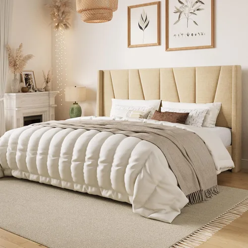 Vista 3 de SHA CERLIN Base de cama tamaño King con cabecera geométrica con respaldo de ala, cama de plataforma tapizada con espacio debajo de la cama de 8 Beige