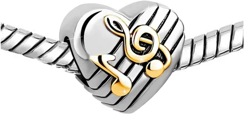 Vista 4 de Dijes de cuentas de corazón de amor con notas musicales doradas, compatibles con pulseras Pandora, regalos de joyería de cumpleaños para mujeres