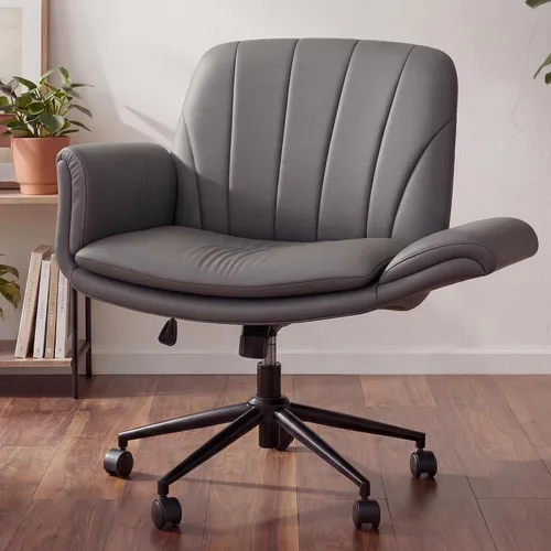 Vista 12 de Dowinx Silla Criss Cross con brazos y ruedas ajustables de cinco niveles - Cómoda silla giratoria ergonómica de cuero PU para tocador - Silla