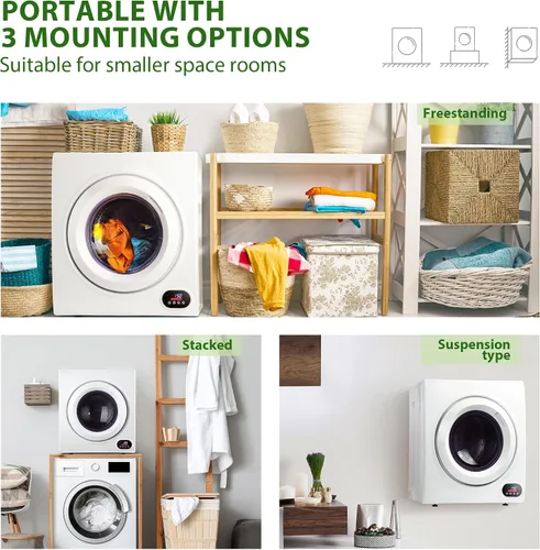 Vista 4 de Euhomy Secadora de ropa compacta, 2.65 pies cúbicos de carga frontal, de acero inoxidable, con tubo de escape, 1400 W, panel de control LCD