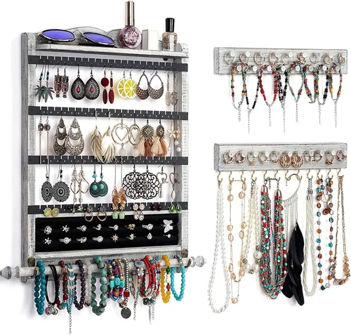 Vista 8 de Organizador de pendientes de madera, organizador de joyas de pared Brown+black