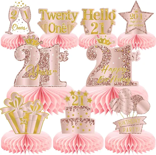 Vista 16 de 9 piezas de decoración de cumpleaños número 13, centros de mesa de cumpleaños rosa rosa dorado para niñas, centros de mesa de feliz cumpleaños 13