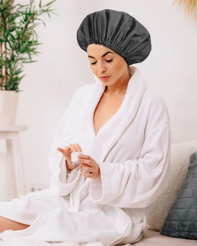 Vista 9 de Aquior Gorro de ducha reutilizable para mujeres, hombres, gorra de pelo impermeable, tamaño grande para cabello largo, trenzas, rizado o corto