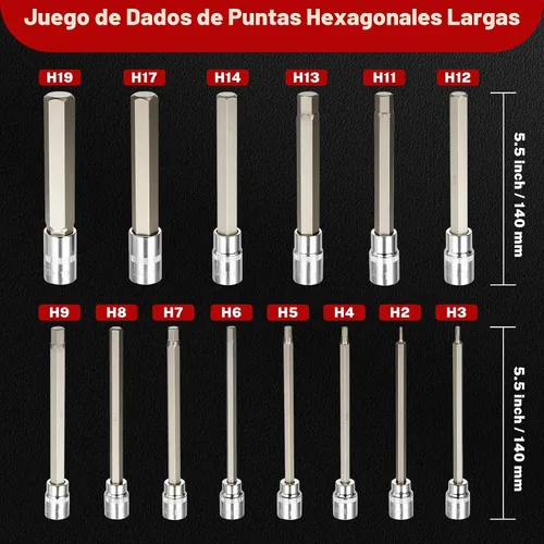 Vista 3 de TOMMARS Juego de llaves de vaso con broca hexagonal larga métrica de 15 piezas, juego de vasos extra largos S2 de acero de aleación 3/8", 1/2