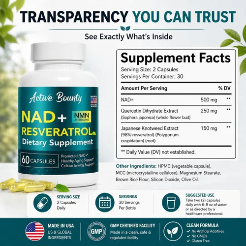 Vista 2 de Suplemento de resveratrol NAD+ con quercetina – Alternativa NMN para apoyo de energía celular, concentración y envejecimiento saludable – Fórmula