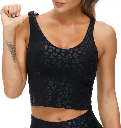 Vista 3 de THE GYM PEOPLE Sujetador deportivo largo de leopardo para mujer sin alambres acolchado soporte medio para yoga gimnasio correr entrenamiento