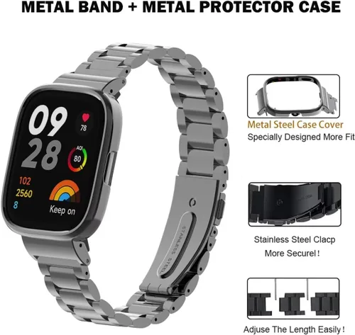 Vista 5 de Compatible con Xiaomi Redmi Watch 3 Active Bands, correa de repuesto de metal de acero inoxidable para reloj inteligente Redmi Watch 3 Active