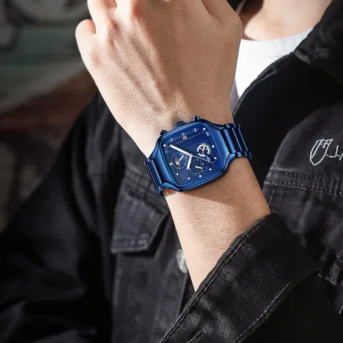 Vista 6 de NIBOSI Reloj de cuarzo para hombre, cronógrafo, cuadrado, dorado, resistente al agua, para negocios, militar, deportivo, acero inoxidable, fecha