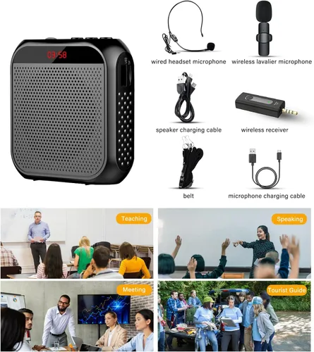 Vista 13 de Amplificador de voz con micrófono inalámbrico de solapa, micrófono personal para profesores para aula, megáfono portátil, sistema de auriculares