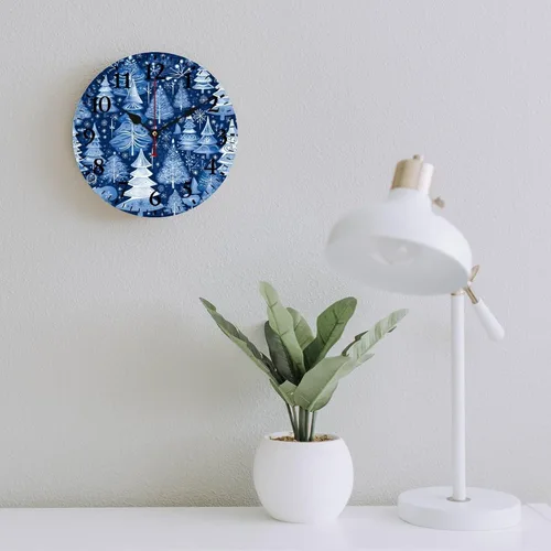Vista 6 de Reloj de madera con árboles de Navidad y copos de nieve, reloj de pared redondo azul para interiores, funciona con pilas, silencioso, sin ruido