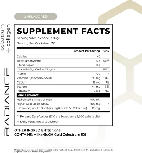 Vista 4 de Radiance, péptido de colágeno alimentado con pasto y calostro en polvo, apoya la salud intestinal, la digestión, la función inmunológica