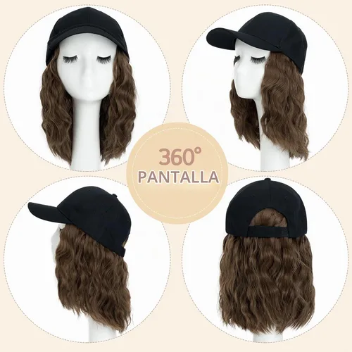 Vista 5 de S-noilite Peluca de gorra de béisbol con extensiones de cabello, 8 pulgadas, corta, rizada, ondulada, estilo Bob, peinado, ajustable, con cabello