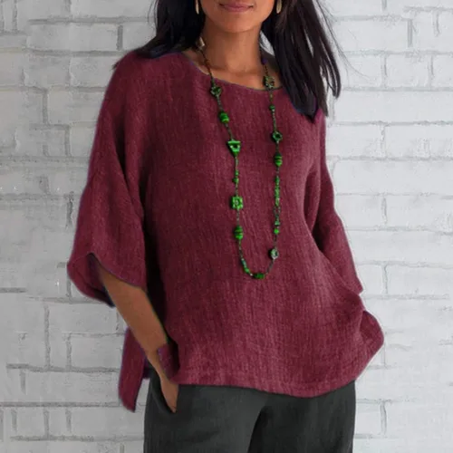 Vista 2 de Ceboyel Cotton Linen Tops for Women 34 Sleeve Crewneck Tunic Blouses Dressy Causal Gauze Shirts Ladies Summer Clothing 2025