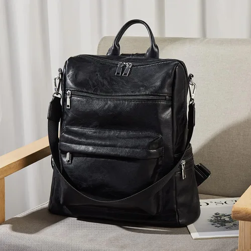 Vista 7 de FOXLOVER Mochila de moda para mujer, bolso de hombro grande convertible de cuero para mujer, Negro E, Classic