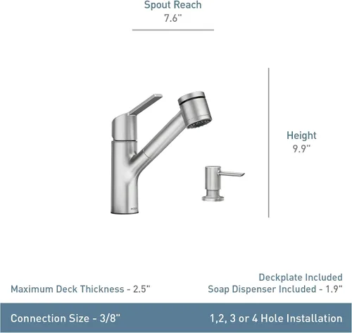 Vista 3 de Moen Sombra Spot Resist 87701SRS - Grifo de cocina con rociador extraíble de una sola manija de acero inoxidable con dispensador de jabón y limpieza