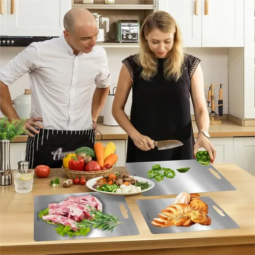 Vista 6 de Tabla de cortar de doble cara de acero inoxidable, para carne, frutas, verduras, pan y hornear, tablas de cortar de gran tamaño, aptas