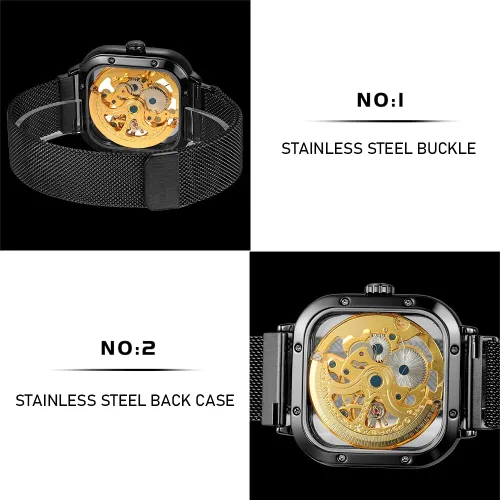 Vista 2 de Fashion Automatic Watches Mechanical Wrist Watch Golden for Mens Skeleton Watches with Stainless Steel Transparent Dial