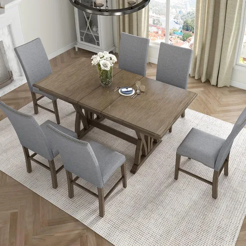 Vista 13 de Juego de mesa de comedor rectangular retro de 6 piezas, juego de mesa de comedor de cocina de madera maciza para 6, mesa con patas únicas y 4 sillas
