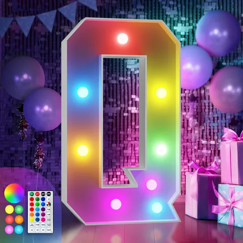 Vista 49 de Imprsv Letras coloridas de marquesina de 3 pies y letras grandes iluminadas RGB con control remoto, decoraciones de fiesta de cumpleaños Carta
