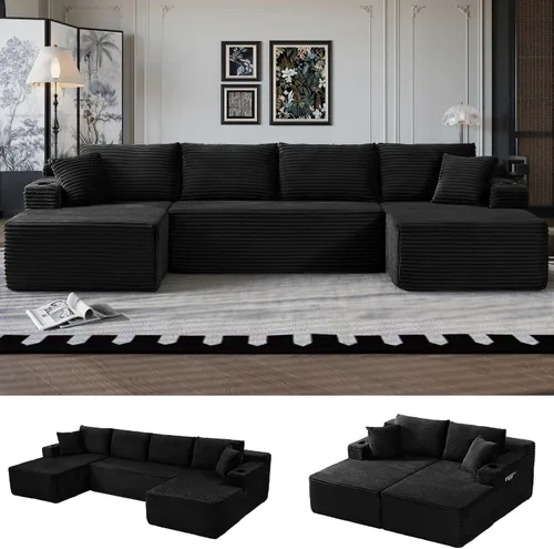 Vista 32 de Sofá grande sin hueso de 125 pulgadas con diván, moderno sofá modular con asiento profundo, sofá tapizado de pana en forma de U para sala de estar