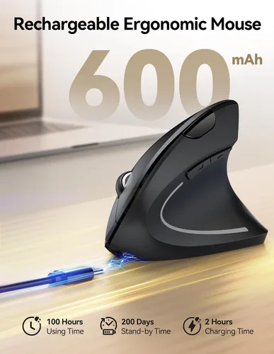Vista 2 de TECKNET Ratón Ergonómico, Ratón Vertical Inalámbrico Recargable para Túnel Carpiano Mano Derecha, 4800 DPI 5 Niveles Ajustables 2.4GHz con Receptor