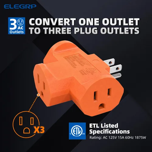 Vista 3 de ELEGRP Extensor de Energía de Servicio Pesado de 3 Clavijas a Triple Toma en Dirección T, Extensor de Toma de Pared Multidireccional con Conexión a