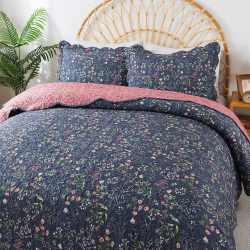 Vista 30 de HoneiLife - Juego de edredón de 3 piezas, colcha ligera de microfibra, diseño de flores silvestres, cubrecamas ligero y botánico, para todas