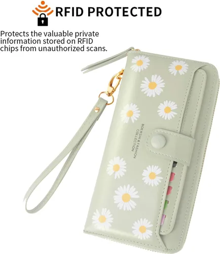 Vista 5 de Cartera de piel para mujer, con bloqueo RFID, bolsillo con cremallera, tarjetero, con ventana de identificación