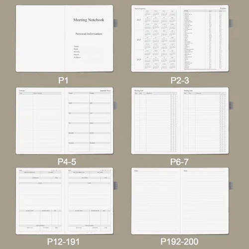 Vista 4 de CalenDream Cuaderno de reuniones para organización del trabajo, cuaderno planificador de trabajo con artículos de acción, cubierta de cuero vegano