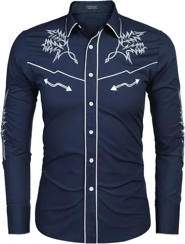 Vista 2 de COOFANDY Camisa vaquera occidental bordada de manga larga de algodón casual con botones para hombre