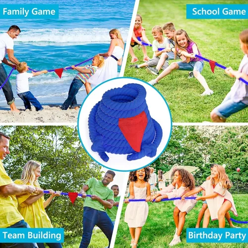 Vista 5 de Cuerda de guerra de tira y afloja para niños y adultos, cuerda de guerra con etiqueta de 25 pies con bandera para exteriores, carnaval exterior, Azul