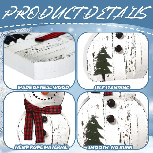 Vista 4 de Barydat 3 piezas de decoración de madera de muñeco de nieve de Navidad, centros de mesa rústicos de muñeco de nieve, letrero de bloque para Navidad