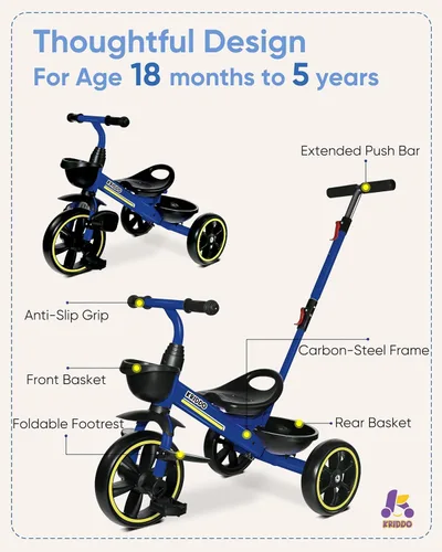 Vista 3 de KRIDDO Triciclo 2 en 1 para niños de 18 meses a 5 años de edad, mango de empuje extendido para empujar sin esfuerzo, triciclo de regalo para niños