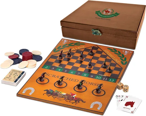 Vista 2 de WE Games Derby Horse Race Juego de mesa con piezas de juego de metal y caja de almacenamiento de recuerdos de madera, noche de juegos familiares
