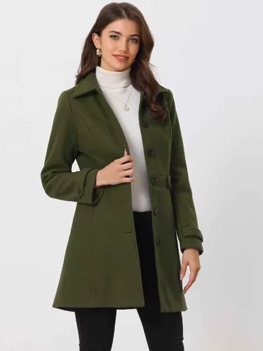 Vista 3 de Abrigo clásico de invierno con bolsillos de Allegra K para mujer; chaquetón de botonadura sencilla Verde militar