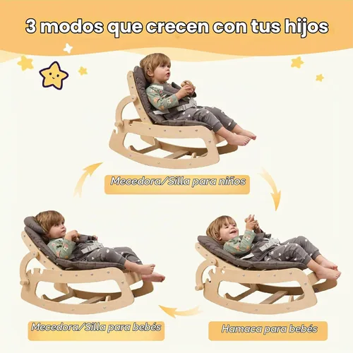 Vista 3 de Mecedora para bebé, ajustable para bebé, silla mecedora de madera 3 en 1 con arnés de 5 puntos, asiento para bebés y niños pequeños, color gris Beige