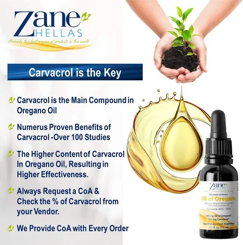 Vista 7 de Zane Hellas 190 mg de aceite de orégano-164 mg de carvacrol por porción-4 gotas diarias. Aceite de orégano 100% griego sin diluir. 86%-90% Carvacrol